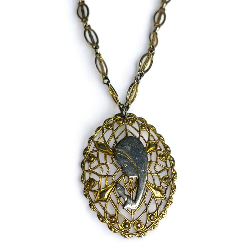 Goldtone Virgin Mary Madonna Pendant Filigree 24 Inch Necklace